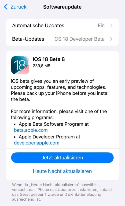 遵义苹果手机维修分享苹果 iOS / iPadOS 18 开发者预览版 Beta 8 发布 